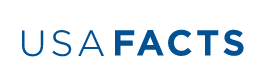 A blue logo for usa facts on a white background