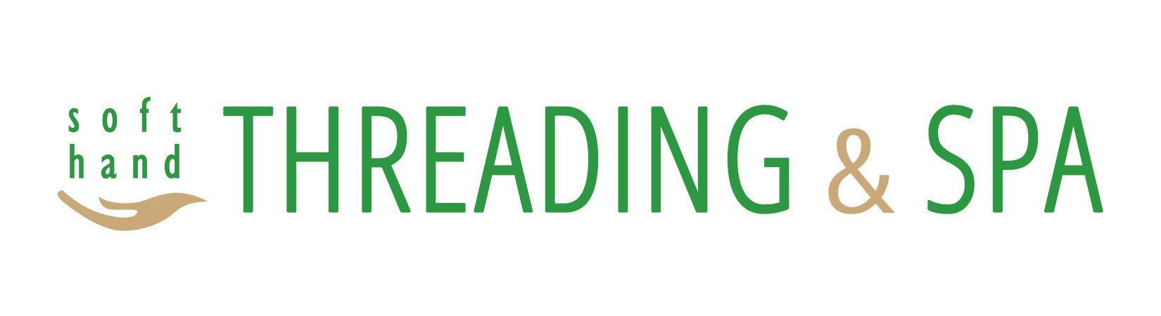A logo for soft hand threading and spa with a hand on it.