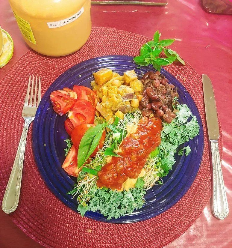 Kale, Angel Fire Dressing and Salsa, Caribbean Coconut Banana Curry