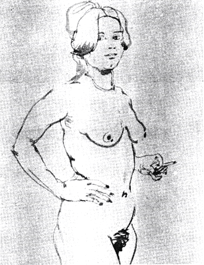 Pinselzeichnung auf Papier (1975) Zeichnung Akt mit Zigarette