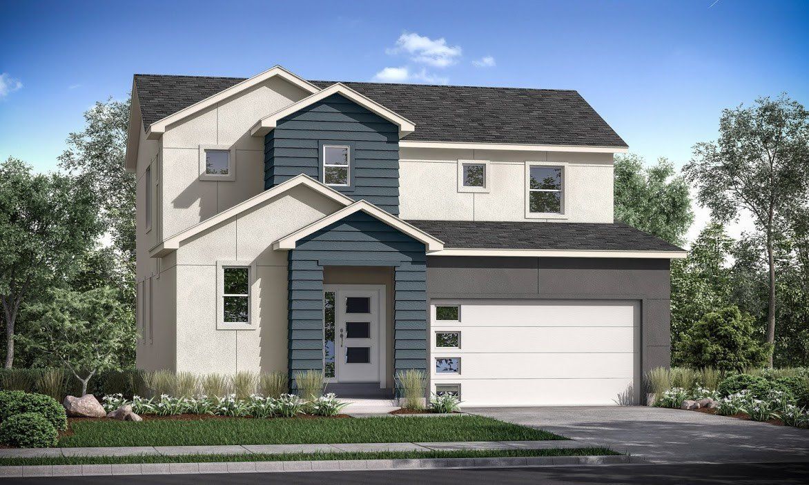 Two-story house with blue and gray accents, garage, and landscaping under a sunny sky.