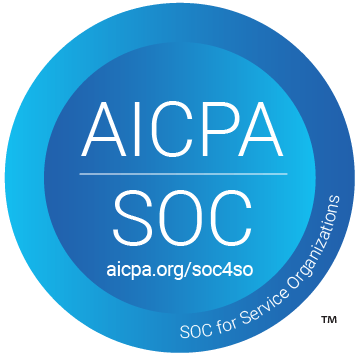 AICPA SOC certification badge with blue circular design and text “AICPA SOC” and “soc for service organizations”