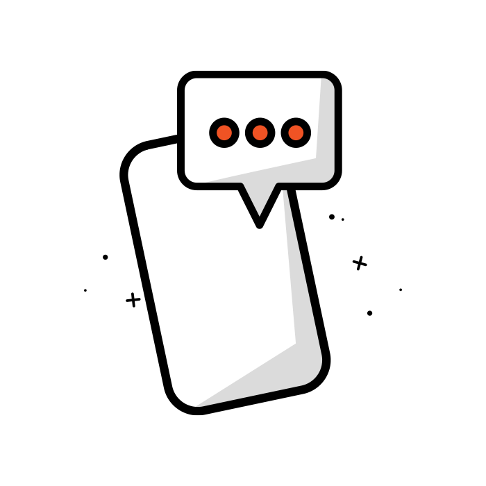 Outlined smartphone with a chat bubble and three orange dots on a white background