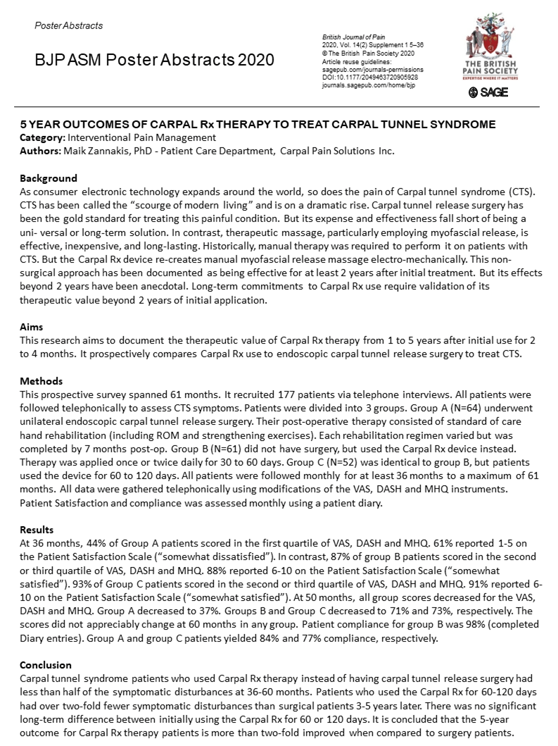 British Journal of Pain abstract about the CarpalRX