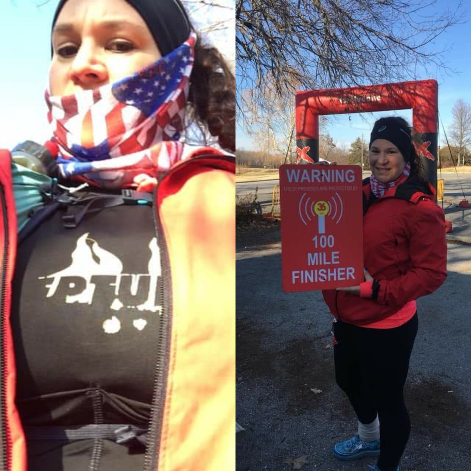 A woman holding a sign that says warning 100 mile finisher