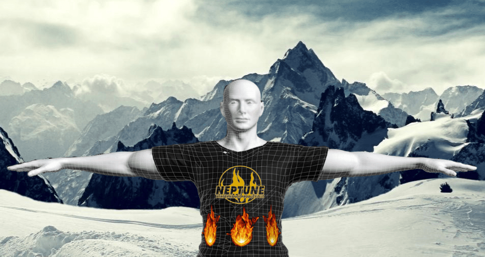 A mannequin wearing a neptune shirt is standing in front of a snowy mountain.