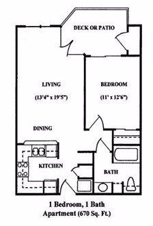 Floor plan of a 1-bedroom, 1-bath apartment (670 sq. ft.) with kitchen, dining, living room, bedroom, bath, and deck.
