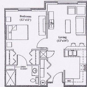 Floor plan of a small apartment with a bedroom, living area, kitchen, bathroom, and closet.