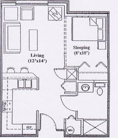 Floor plan of a studio apartment, showing living, sleeping, kitchen, and bathroom spaces.