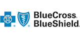 Blue Cross Blue Shield logo with two blue icons (a cross and a shield with a caduceus) and text.