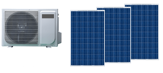 A white air conditioner next to a row of blue solar panels.