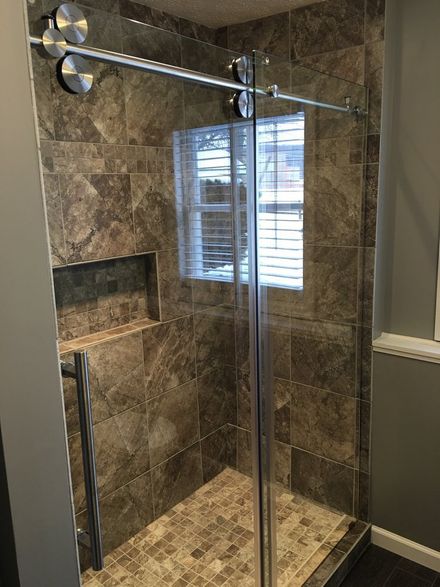 Newly Installed Barn-Style Shower Door — Buckeye Custom Glass — Canal Winchester, OH