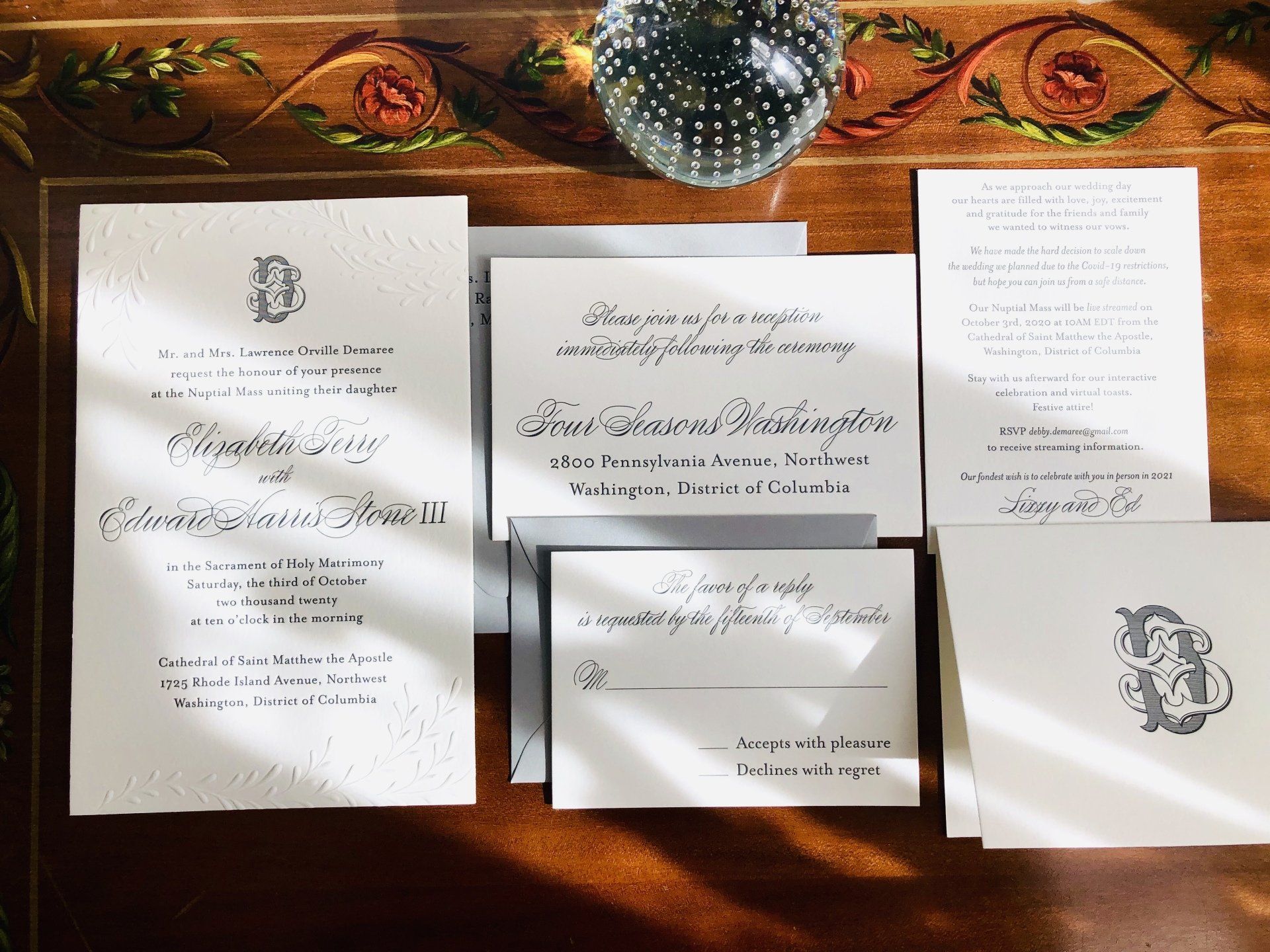 a full wedding oversized elegant letterpress invitation suite + a blind embossed leaf branch inspired by the brides oscar de la renta gown embroidery + a custom initial monogram