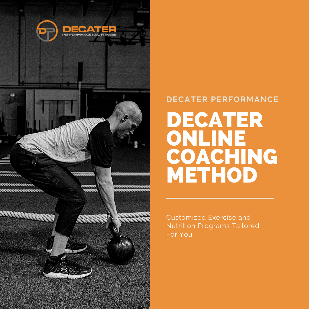 Man doing a kettlebell deadlift in a gym. Orange and gray color scheme, online coaching method promotion.