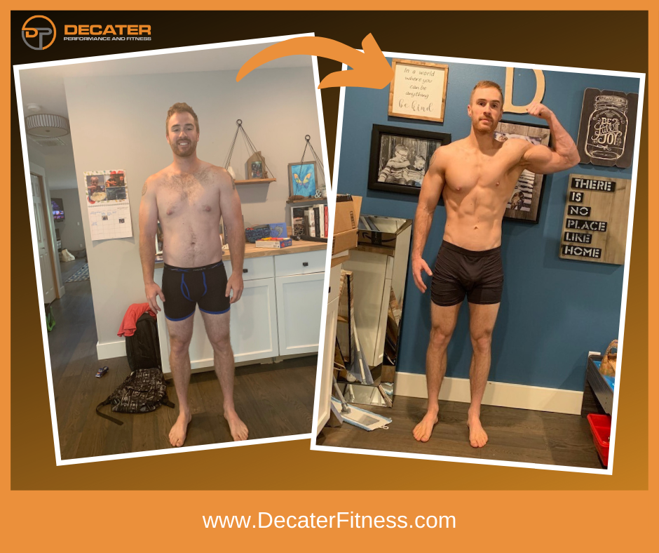 Side-by-side comparison of a man before and after fitness training. Before: heavier build, indoors. After: muscular
