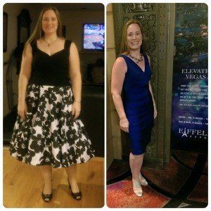 Woman's weight loss transformation. Before: black dress, floral skirt. After: blue dress. Smiling, indoors.