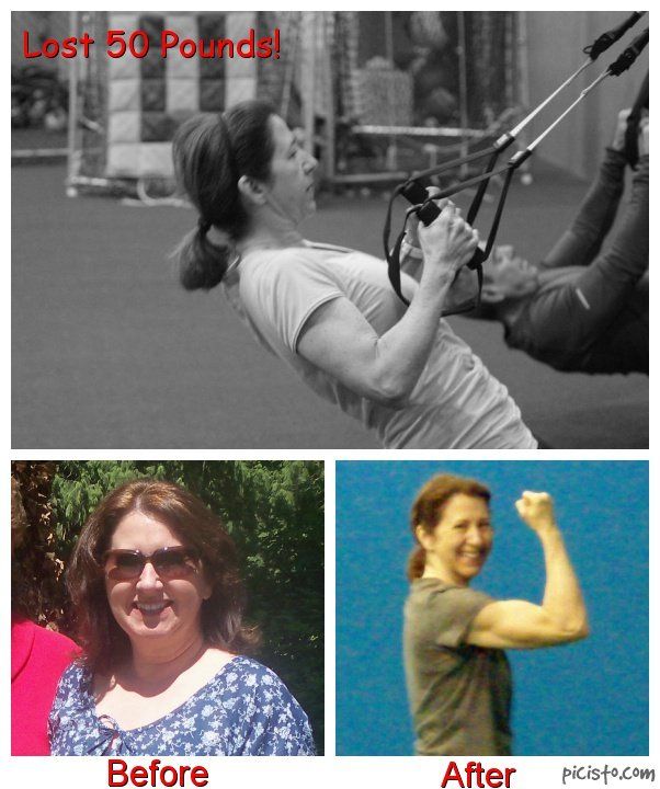 Woman's weight loss transformation. Before: smiling. After: flexing arm, exercising with straps. Gym setting.