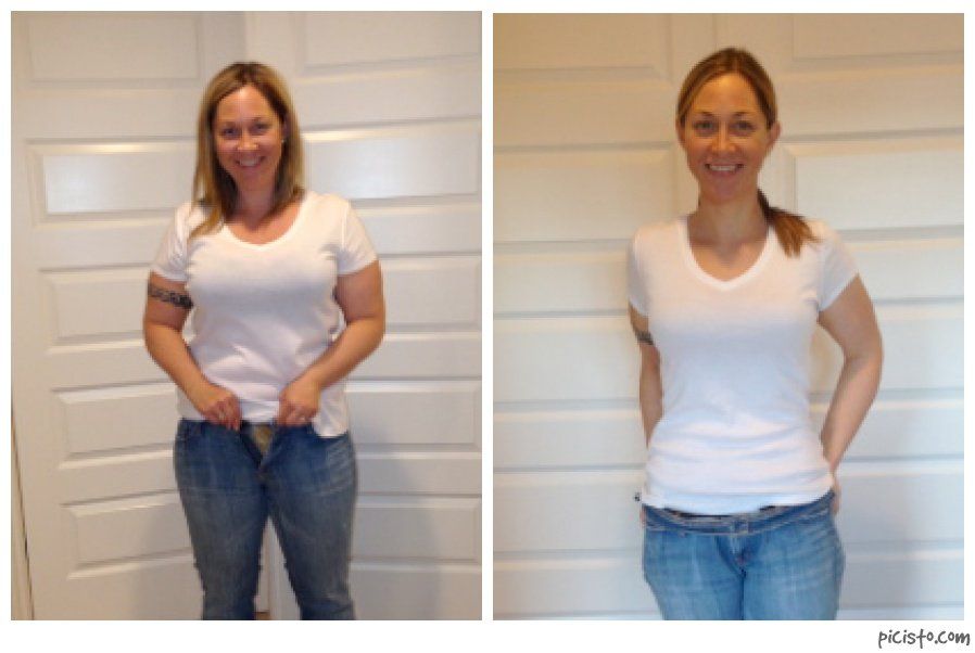Woman in white t-shirt and jeans; before and after weight loss. Smiling; indoors, next to a door.