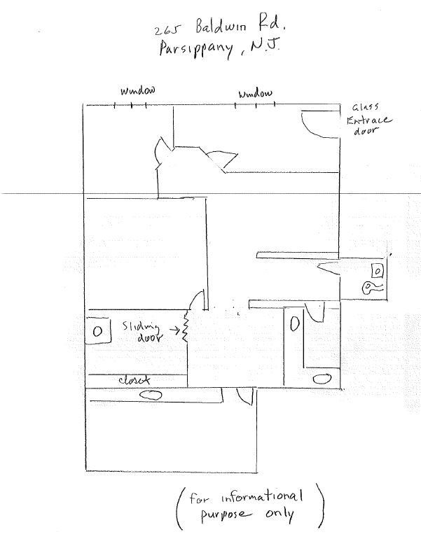 Floor plan of a building at 205 Ilderton Rd., Parsippany, NJ, with labeled rooms, doors, windows, and 