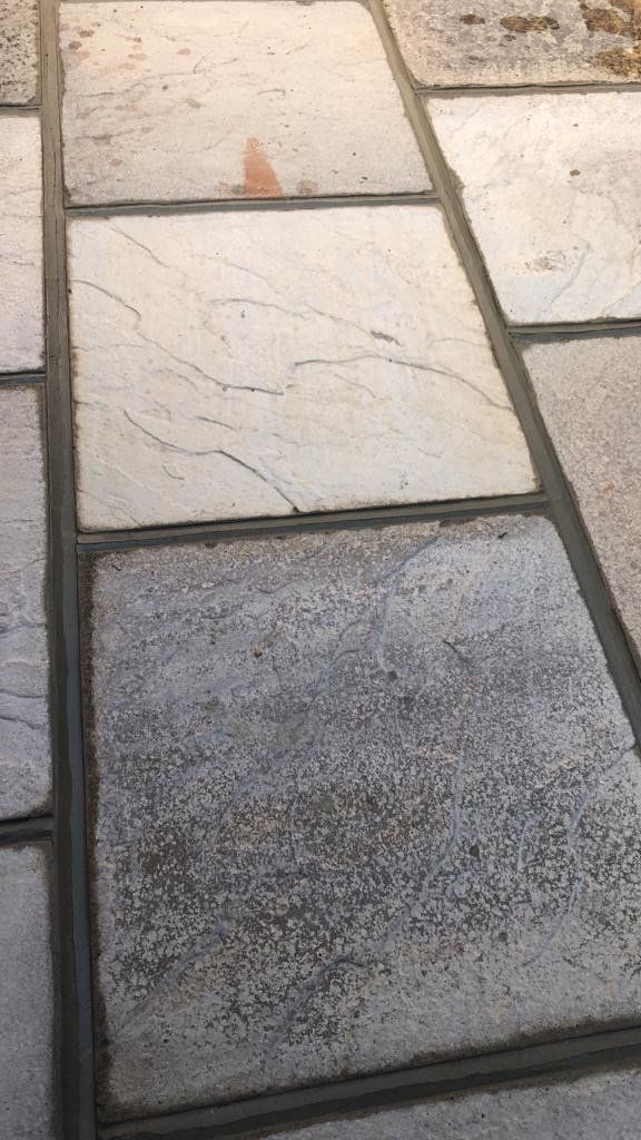 A close up of a row of tiles on a sidewalk.