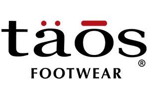 The taos footwear logo is black and red on a white background.