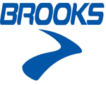 The brooks logo is blue and white with a blue arrow.