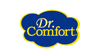 A blue and yellow logo for dr. comfort on a white background