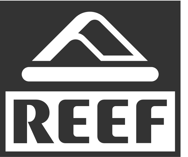A black and white logo for the company reef