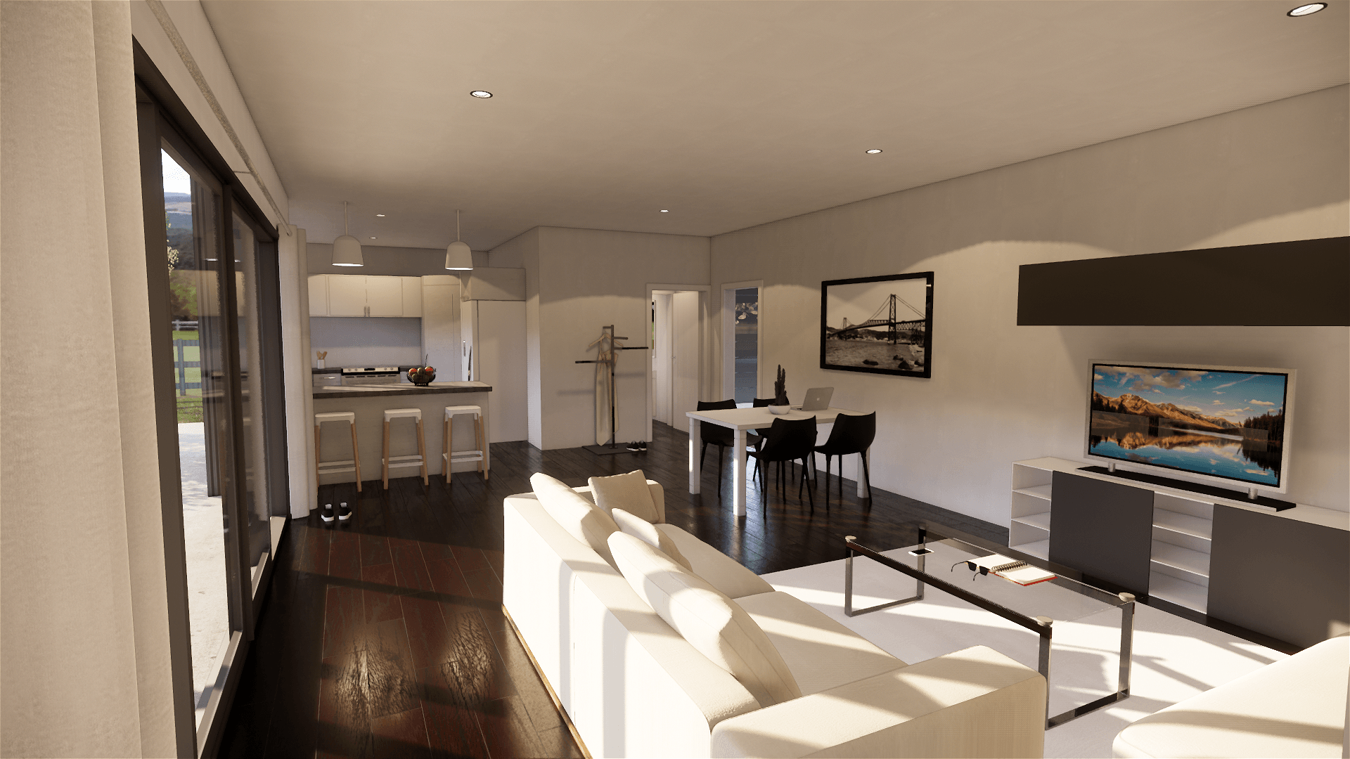 3D design of a living room with a couch , table and television.