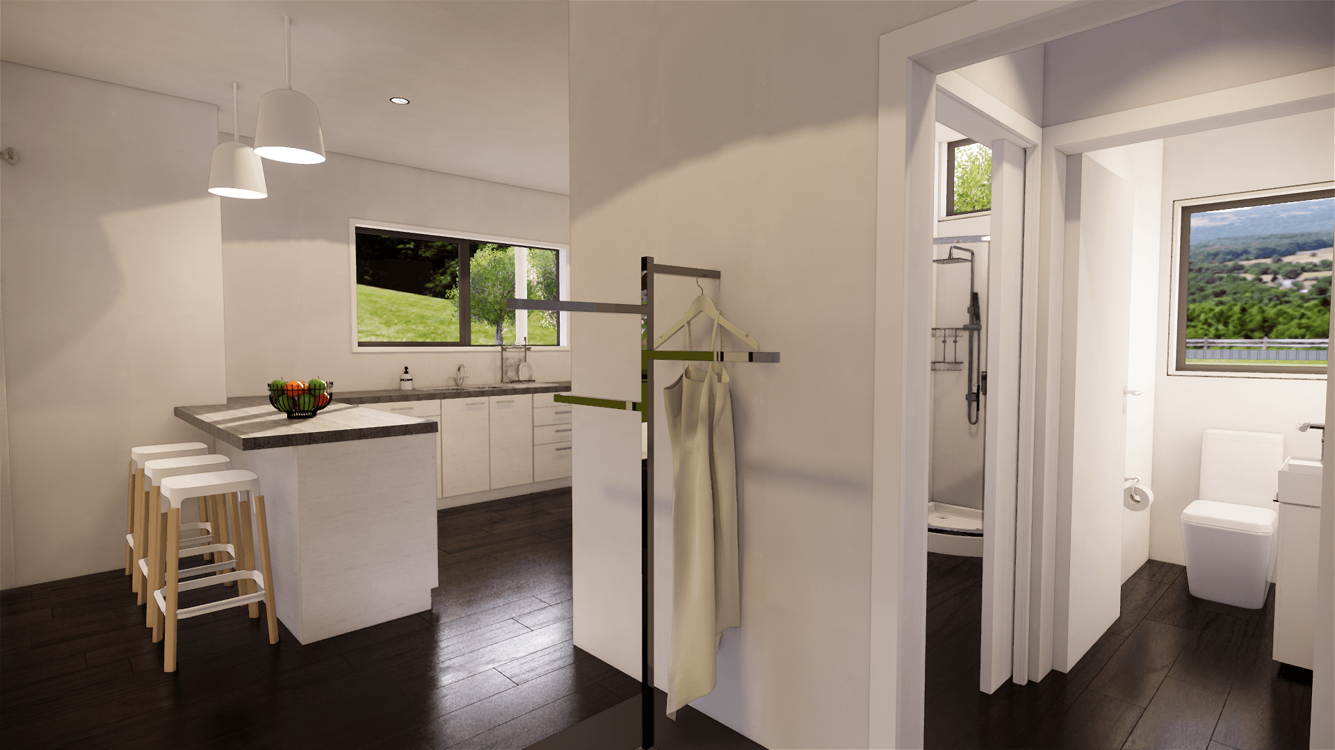 An artist 's impression of a kitchen , bathroom and hallway.