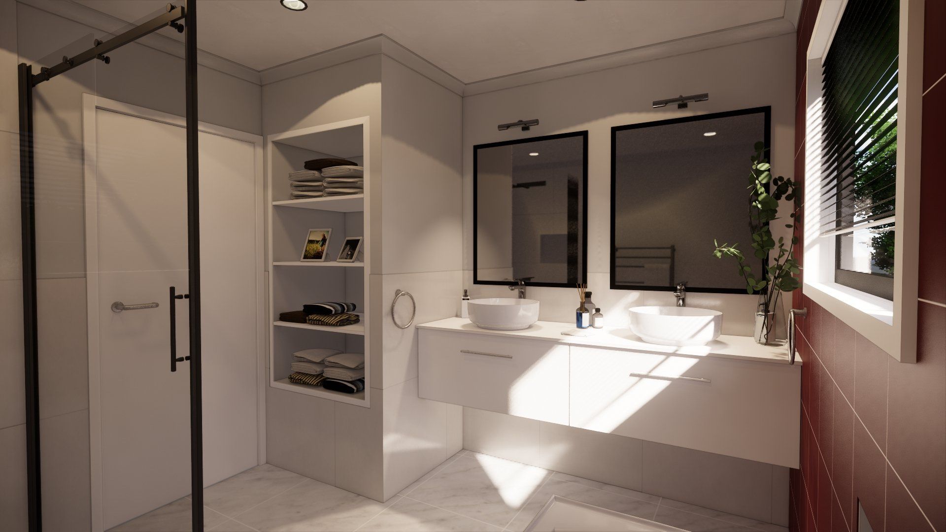 A bathroom with two sinks , two mirrors and a walk in shower.