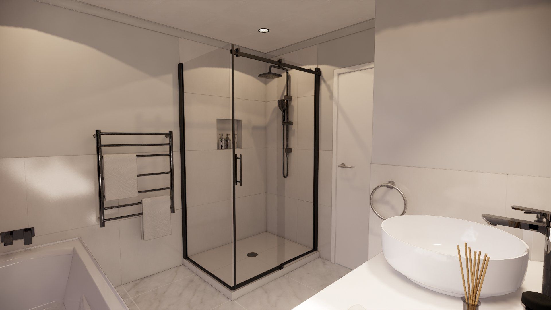 A bathroom with a walk in shower , sink , and bathtub.