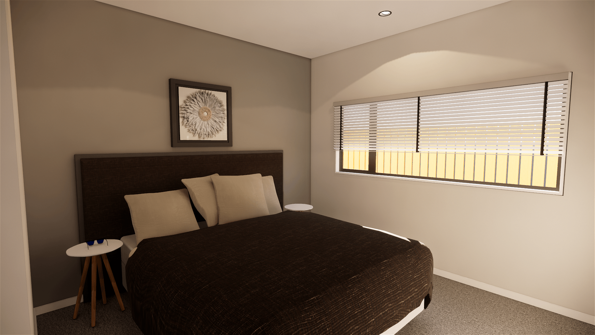 A bedroom with a large bed and a window.