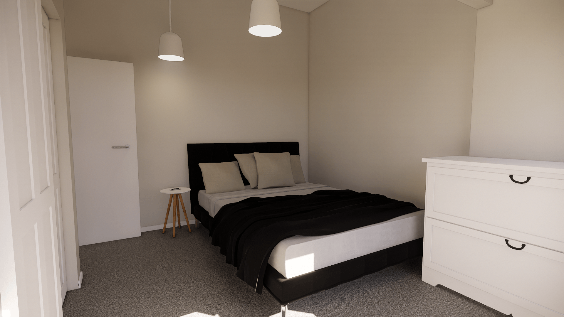 3D design of a bedroom with a bed , dresser , nightstand and wardrobe.