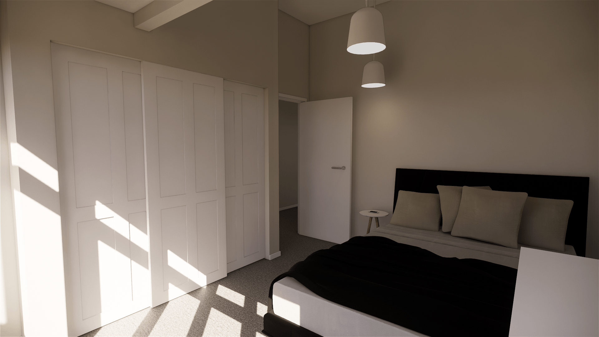 An artist 's impression of a bedroom with a bed and a window.
