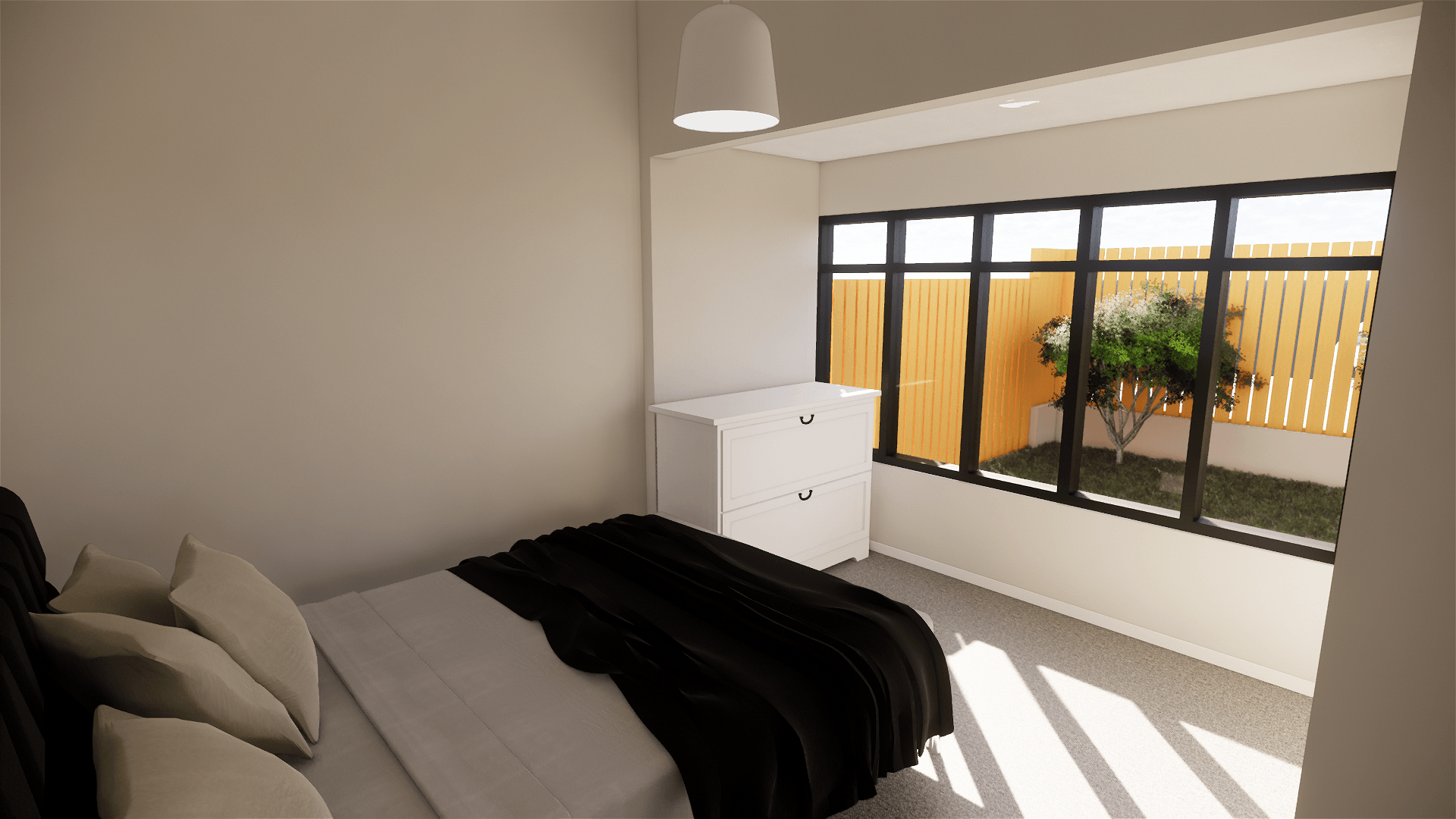 3D design of a bedroom with a bed , dresser , and window.