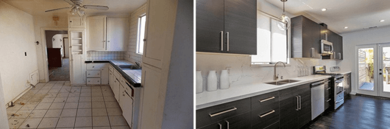 There is a before and after picture of a kitchen.