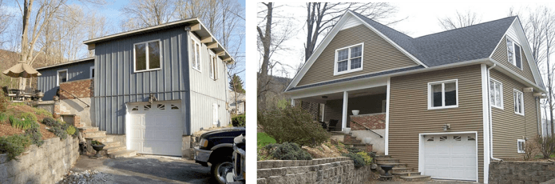A before and after picture of a garage and a house.