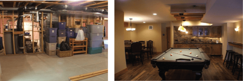 A before and after photo of a basement with a pool table.