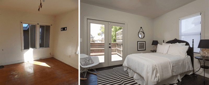 A before and after photo of a bedroom with a bed and a chair.
