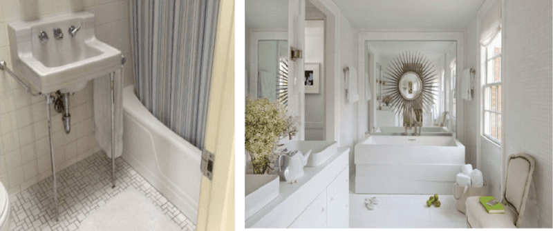 A before and after picture of a bathroom with a sink and a bathtub.