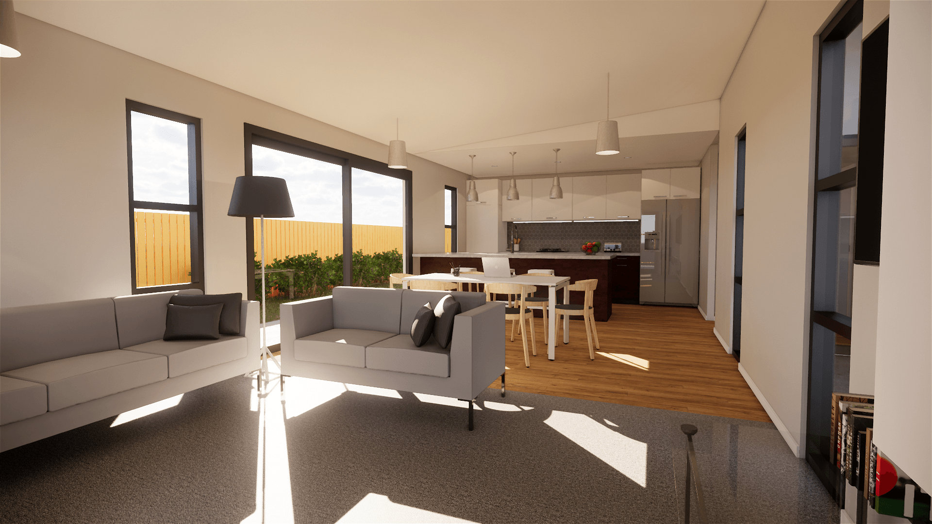 3D design of a living room and dining room in a house.