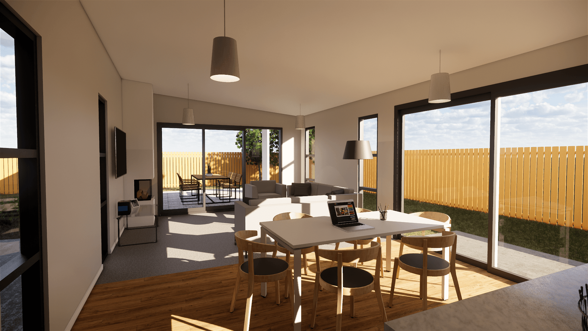 A computer generated image of a living room and dining room in a house.