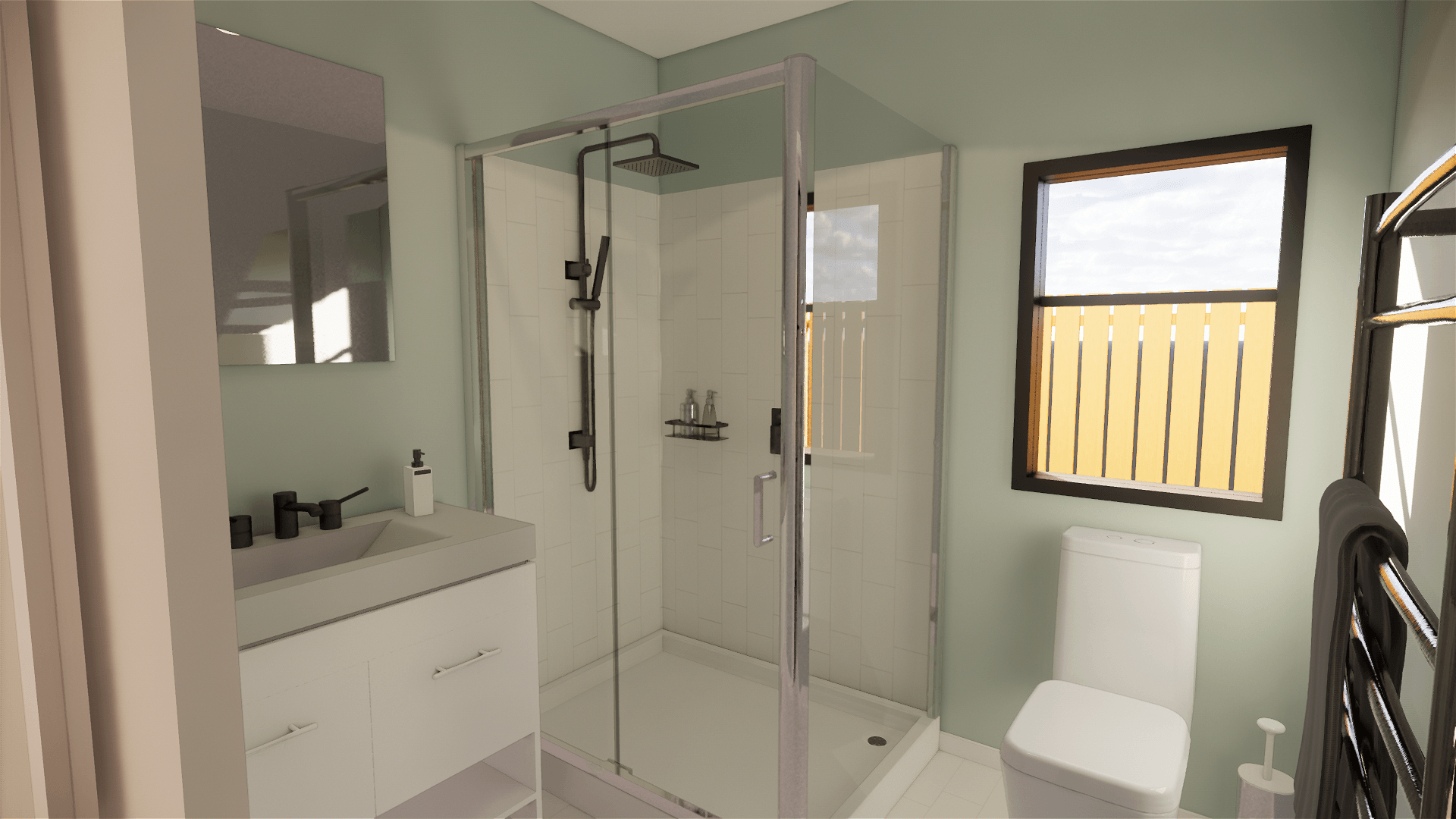 A bathroom with a toilet , sink , shower and window.