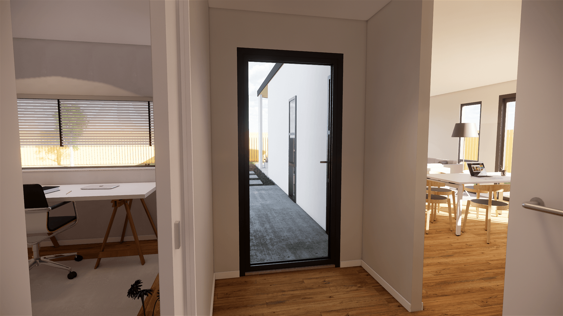 3D design of a hallway leading to a living room and dining room.