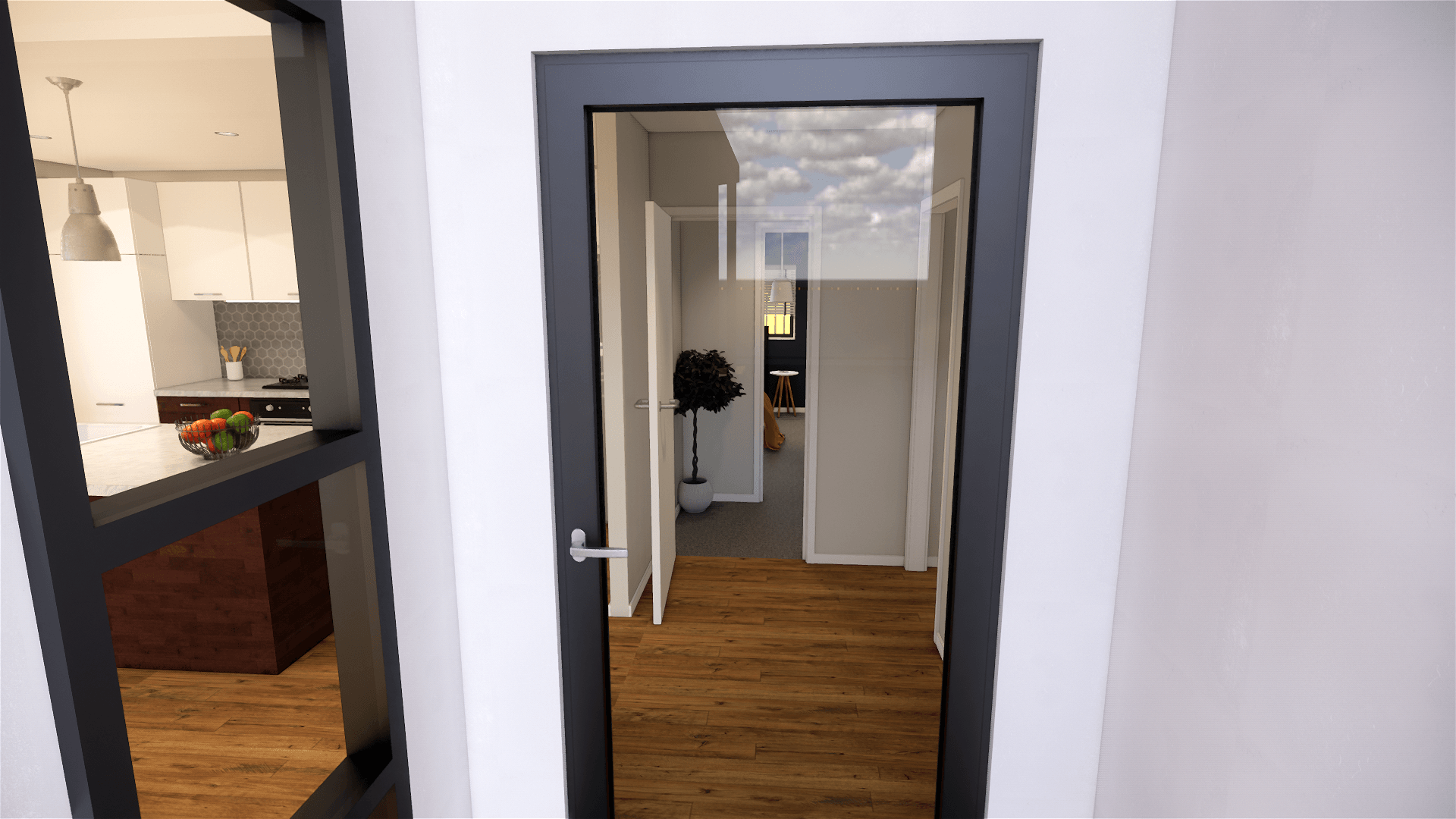 3D design of a hallway in a house with a black door and a window.