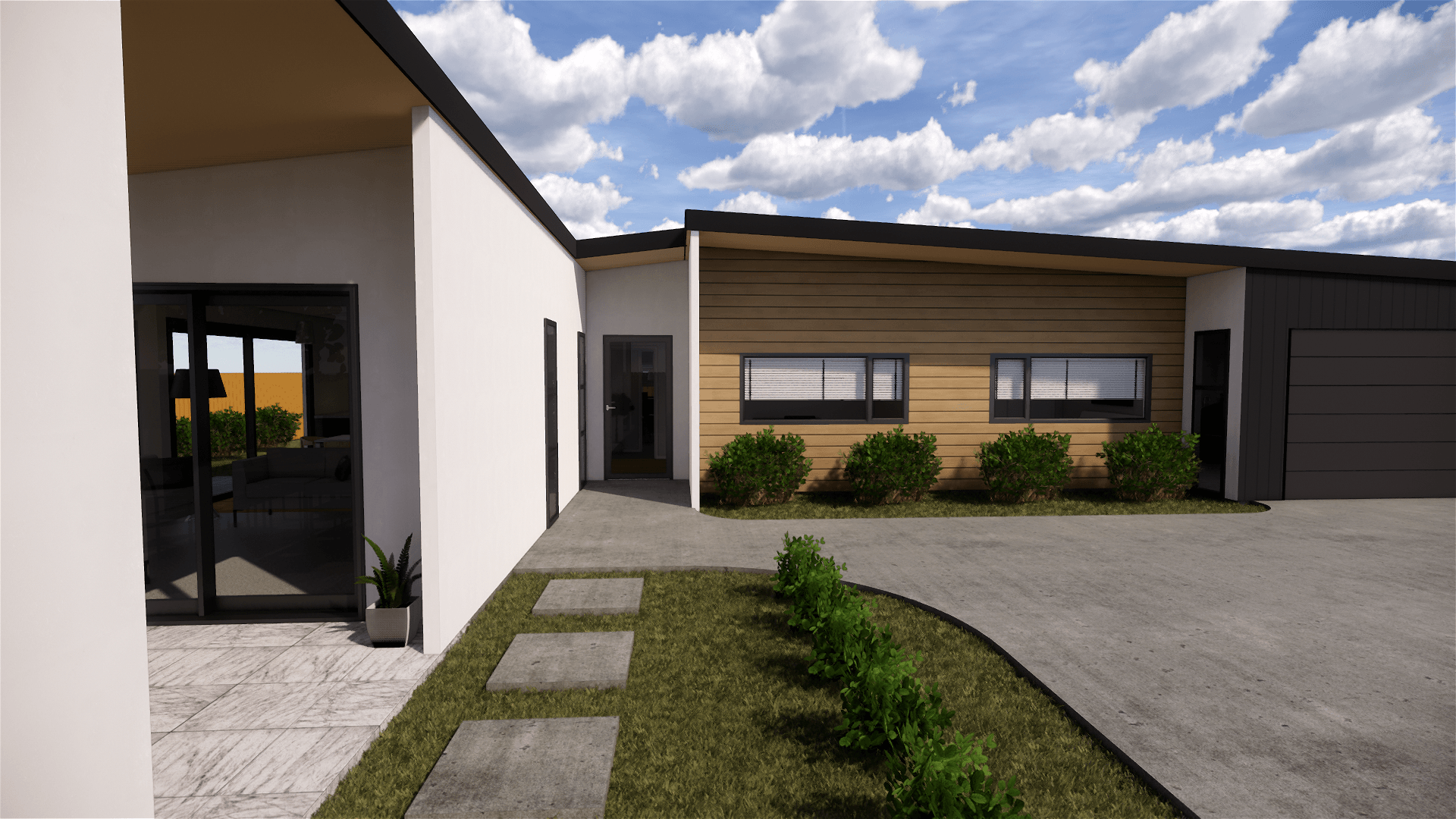 3D design of a modern house with a driveway and a garage.