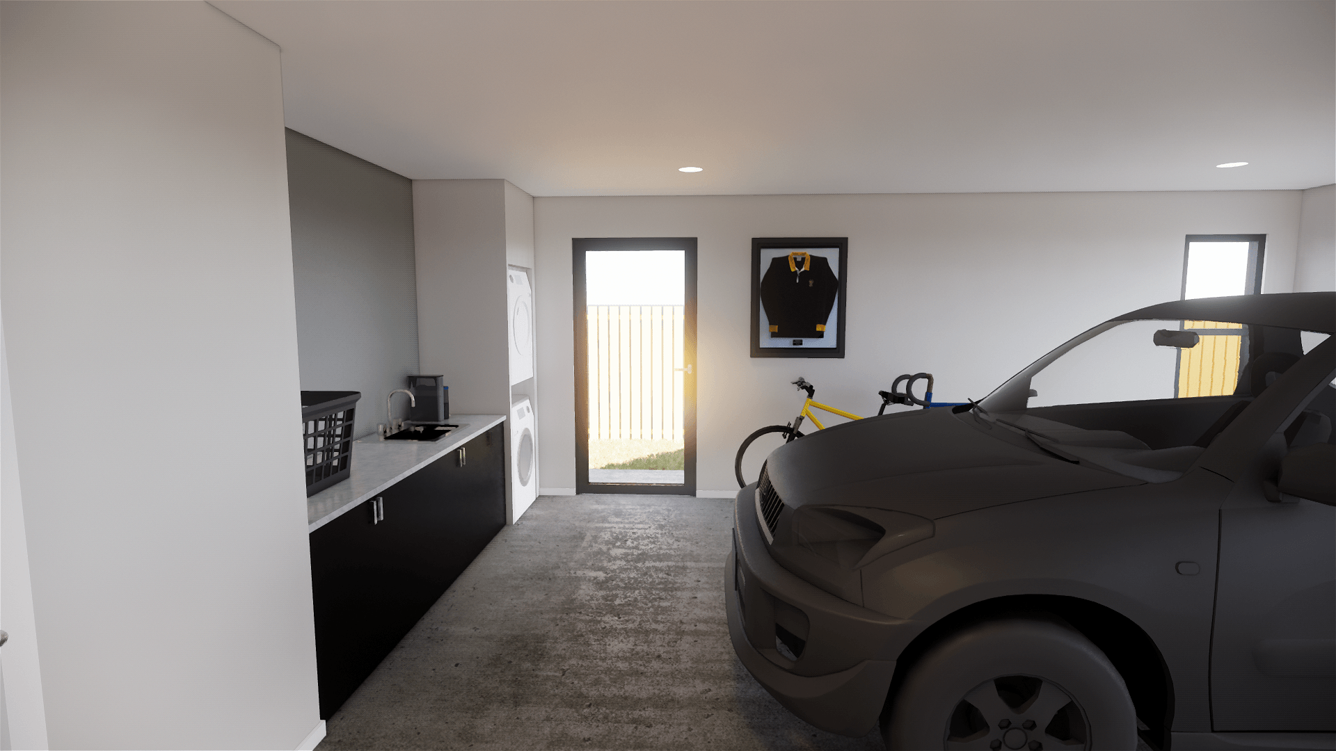 3D design of a car parked in a garage next to a bicycle.