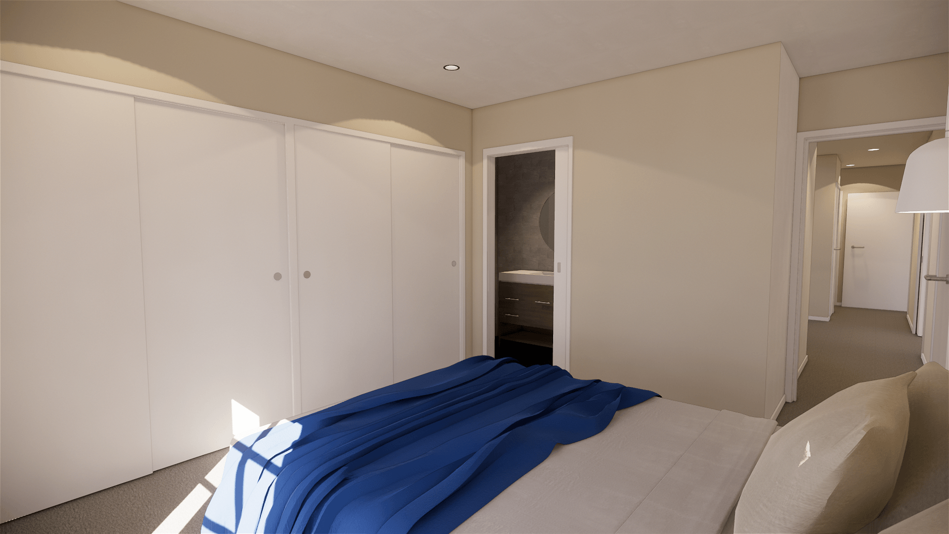 An artist 's impression of a bedroom with a bed and a blue blanket.
