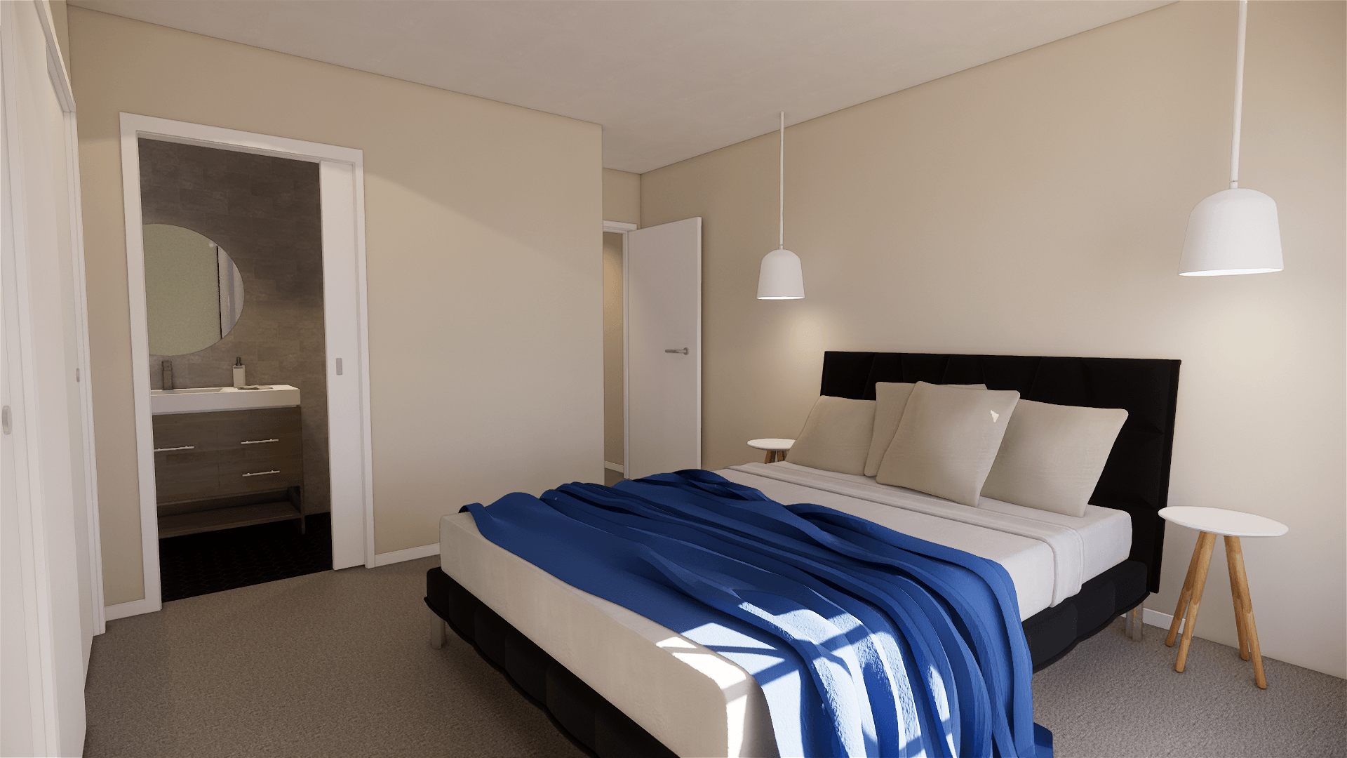 A bedroom with a large bed and a bathroom in the background.